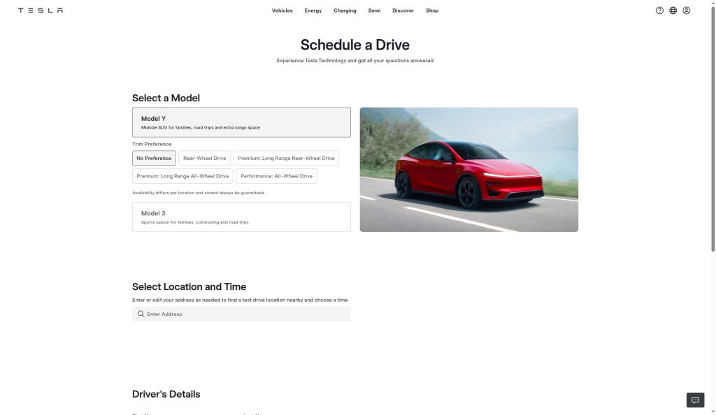 Strona Schedule a Drive z wyborem Model Y lub Model 3, wersji i lokalizacji.