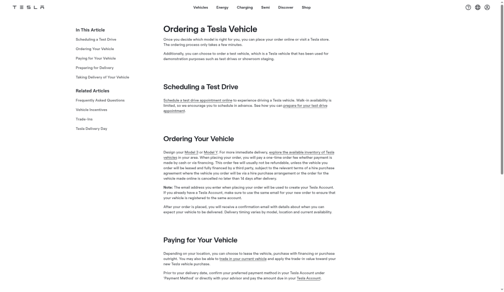 Strona wsparcia Tesli Ordering a Tesla Vehicle z sekcjami o jeździe próbnej, zamówieniu i płatności.