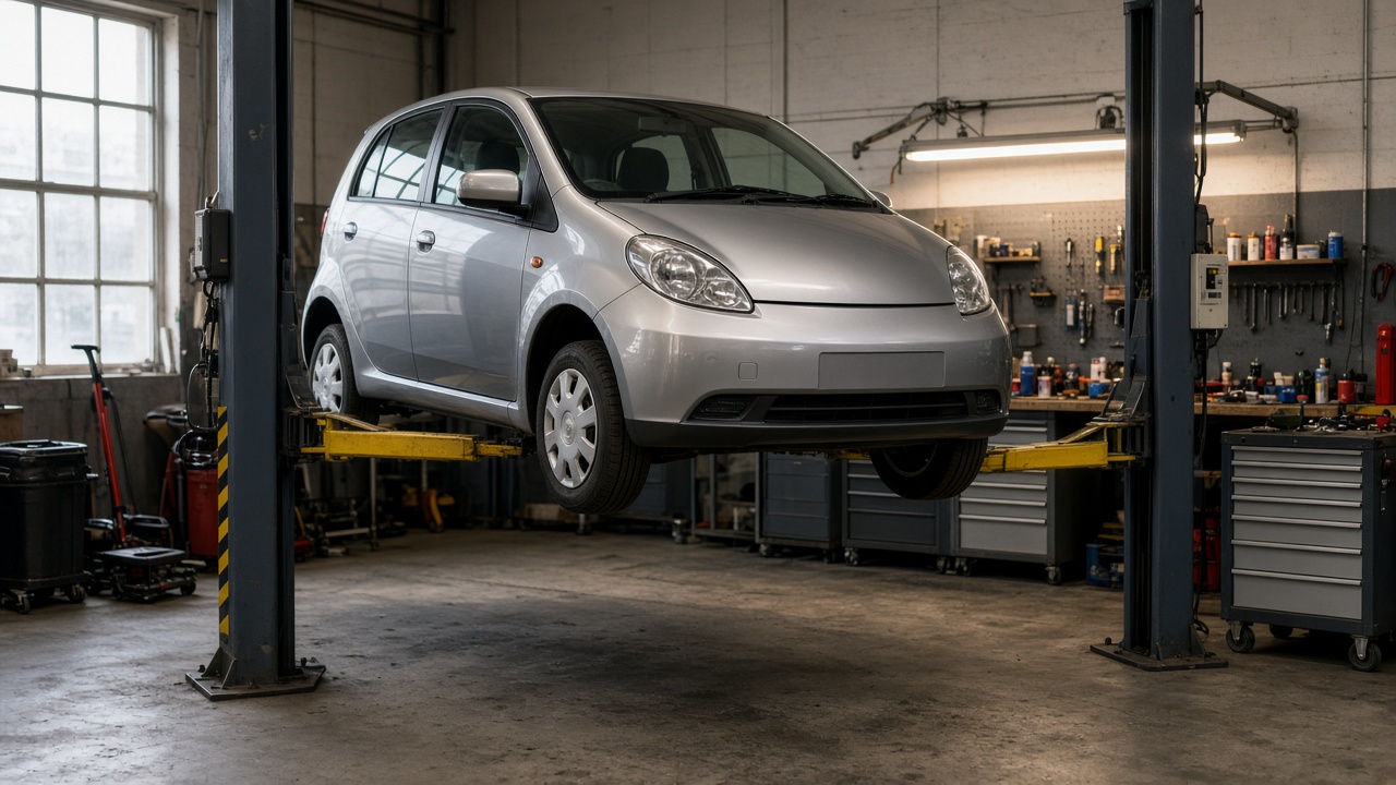 Używany elektryczny hatchback na podnośniku w warsztacie podczas przeglądu MOT